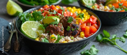 A delicious meal consisting of meatball, rice, vegetables, lime wedges served on a table with essential tableware.