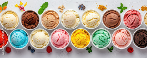 Assorted Colorful Ice Cream Scoops with Berries. Variety of vibrant fruit milky ice cream scoops in bowls, simple table background.