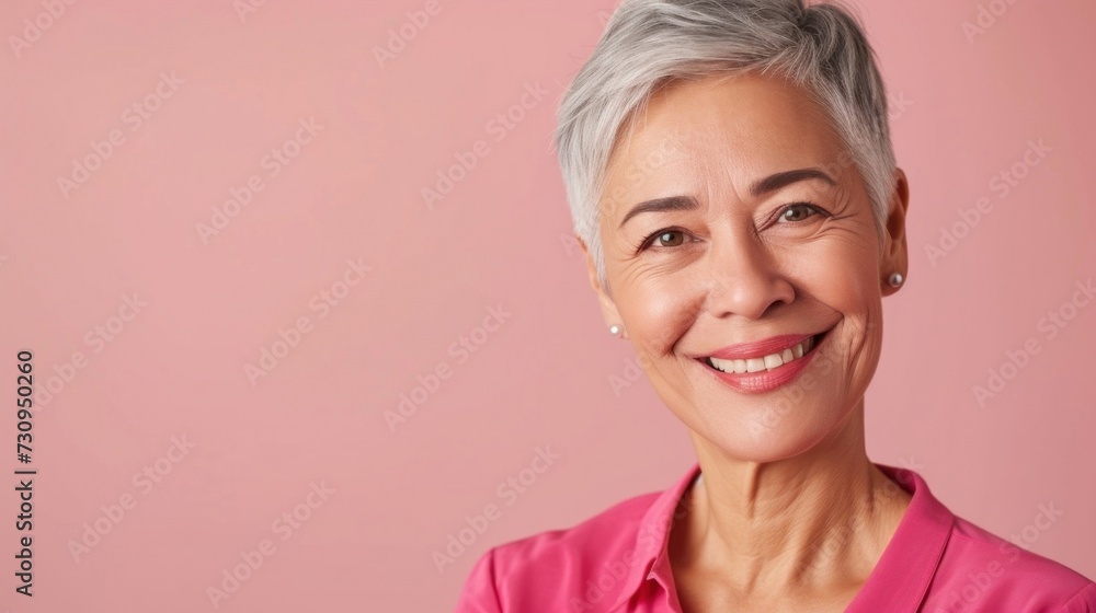 Smiling woman with short gray hair wearing a pink blouse against a soft pink background. Smiling woman with short gray hair wearing a pink blouse against a soft pink background.