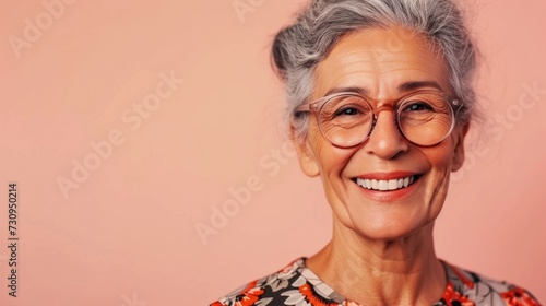 A cheerful older woman with gray hair wearing glasses and a floral blouse smiling broadly against a soft pink background.