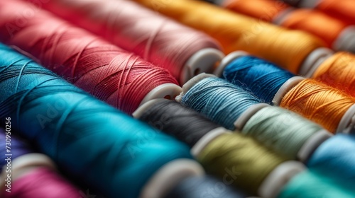Colorful cotton threads on tailor textile fabric with sewing needles for tailoring concepts