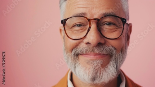 A close-up of a smiling older man with a gray beard and mustache wearing round glasses with a thin frame set against a soft pink background. © iuricazac