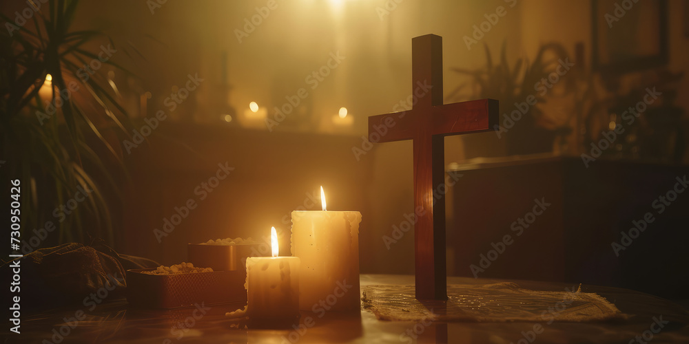 Naklejka premium Candles and Christian Cross background. A serene setting with lit candles and a Christian cross, creating a peaceful atmosphere for reflection or prayer.