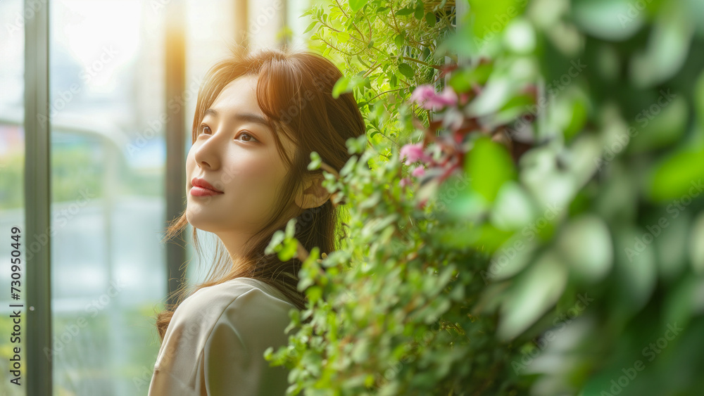 Female businesswoman is working in modern office workspace with a vertical garden wall, natural light and city view. Female businesswoman is working in modern office workspace with a vertical garden wall, natural light and city view.