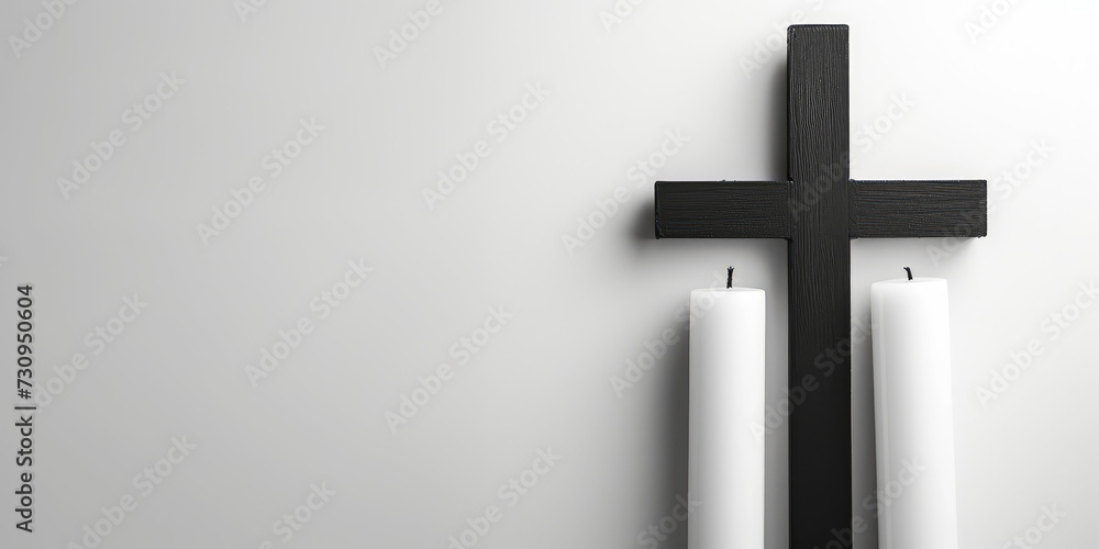 Candles and Christian Cross background. A serene setting with lit candles and a Christian cross, creating a peaceful atmosphere for reflection or prayer, copy space. Candles and Christian Cross background. A serene setting with lit candles and a Christian cross, creating a peaceful atmosphere for reflection or prayer, copy space.