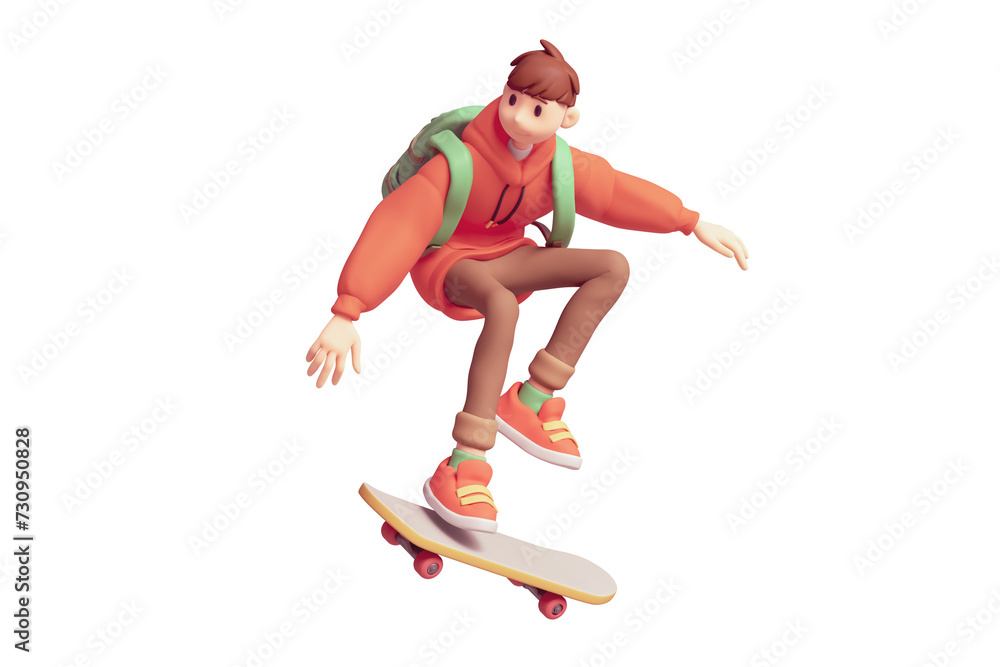 Young cute excited funny smiling сasual asian active guy in fashion clothes red hoodie, brown jeans, green backpack jump up floats in air on skateboard have fun joy. 3d render isolated transparent.