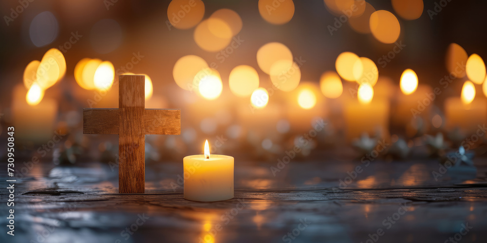 Candles and Christian Cross background. A serene setting with lit candles and a Christian cross, creating a peaceful atmosphere for reflection or prayer, copy space. Candles and Christian Cross background. A serene setting with lit candles and a Christian cross, creating a peaceful atmosphere for reflection or prayer, copy space.