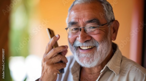 "A jovial elderly man with a white beard and glasses holding a smartphone to his ear smiling broadly and seemingly engaged in a pleasant conversation."