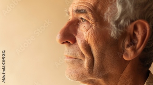 The image is a close-up portrait of an elderly person with a contemplative expression featuring a side view of their face with visible wrinkles a gray beard and a focused gaze.