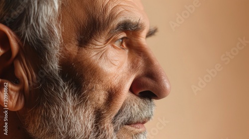 The image is a close-up portrait of an elderly person with a contemplative expression featuring a side view of their face with visible wrinkles a gray beard and a focused gaze.