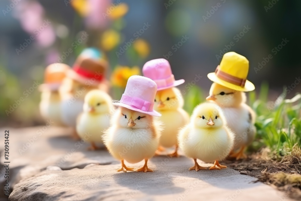 A procession of baby chicks in colorful Easter hats parade along an outdoor path, with soft focus flowers in the background.