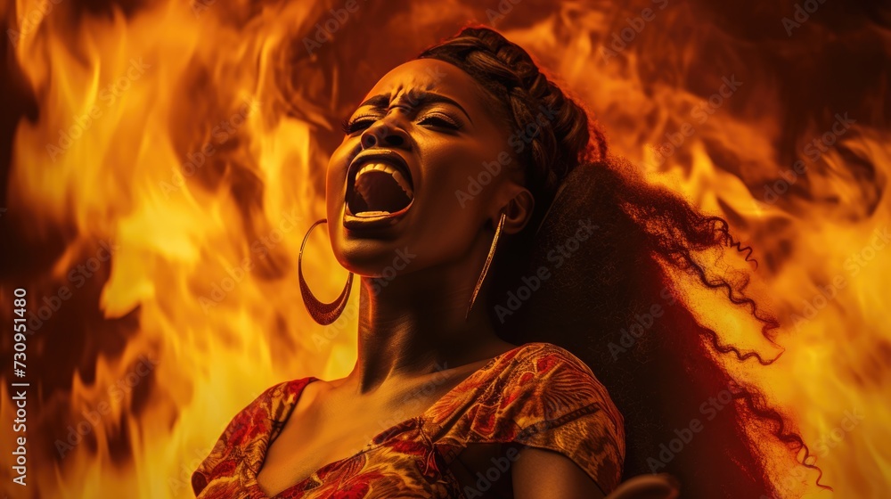 Fiery Passion African Woman. African woman's passionate expression with fire backdrop.