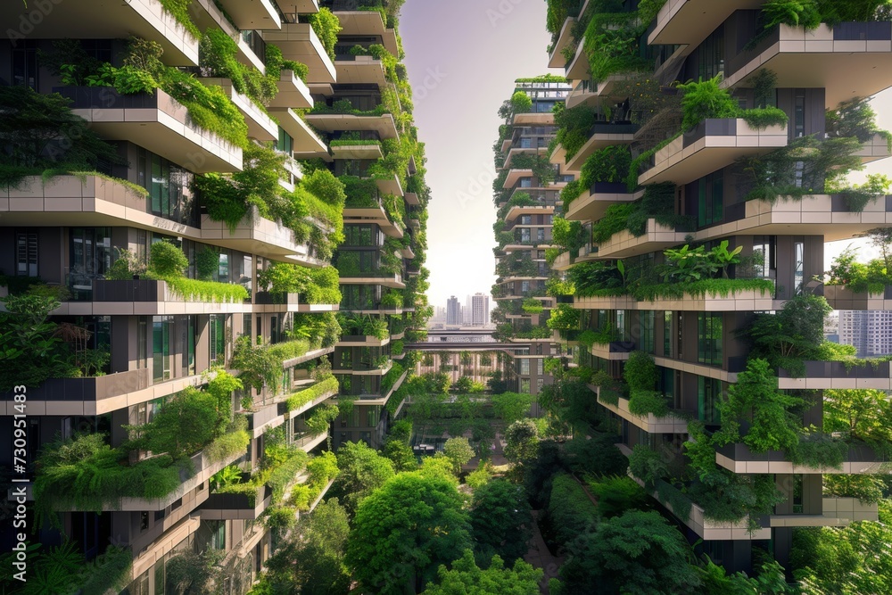 Towering Eco-Architecture Amidst Greenery. Eco-conscious towers with abundant balcony gardens.