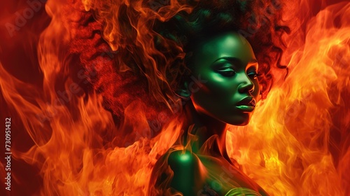 Emerald Glow and Fiery Curls African Beauty. African beauty with emerald glow amidst fiery curls.