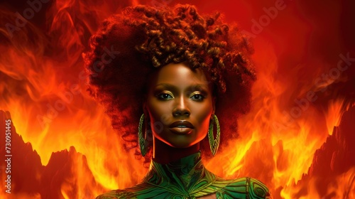 Ethereal African Woman in Emerald Fire. Ethereal African woman enveloped in emerald flames.