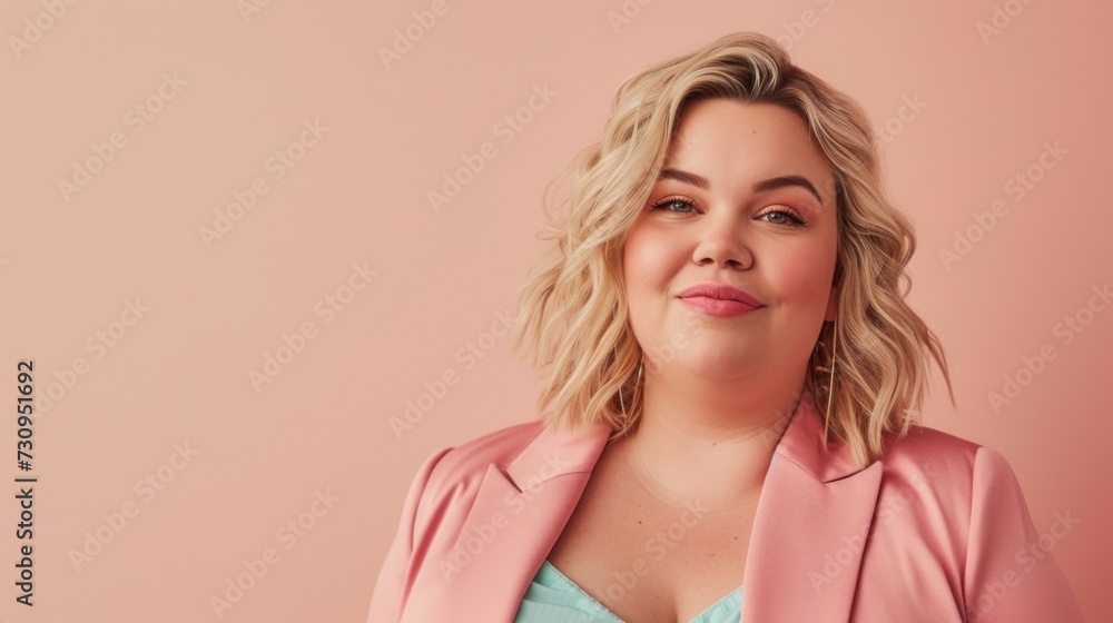 A horizontal beauty portrait celebrates the charm of a beautiful plus-size individual. A horizontal beauty portrait celebrates the charm of a beautiful plus-size individual.