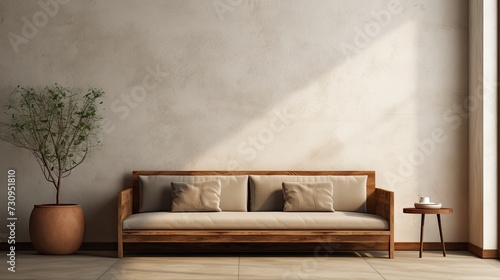 Illustration of a wooden frame, low sofa, coffee table, and dried grass in a warm neutral interior with a concrete wall background.