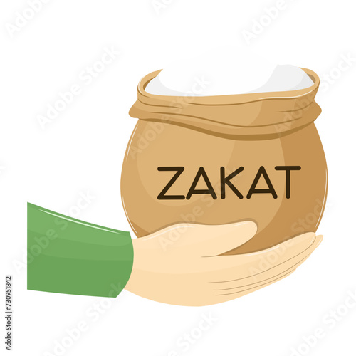 Hand Holding Rice Bag for Zakat Fitrah. Vector Illustration of Islamic Obligatory Charity