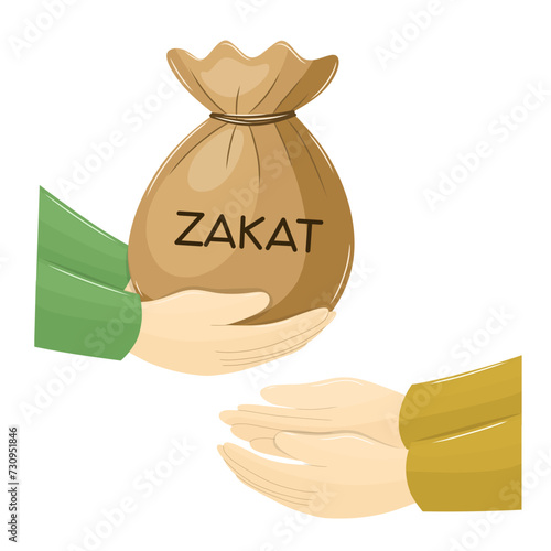 Hands Holding and Receiving Rice Bag for Zakat Fitrah. Vector Illustration of Islamic Obligatory Charity