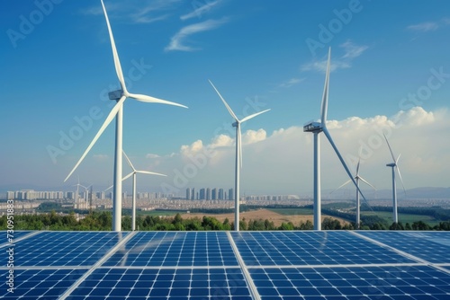 Renewable Energy Landscape with Wind Turbines and Solar Panels. Landscape with solar panels and wind turbines against blue sky.