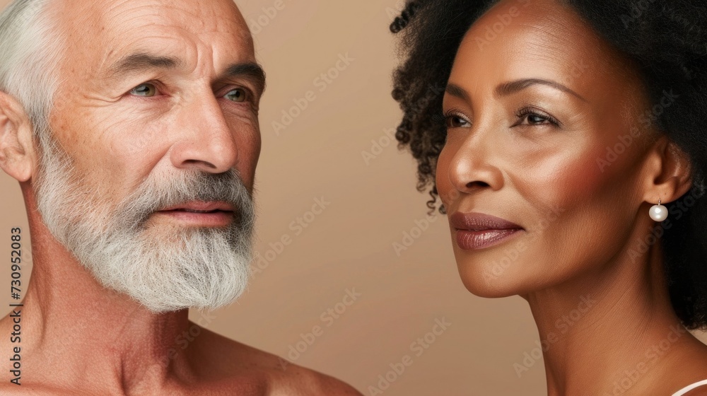 A close-up of two individuals likely a man and a woman both looking at one side with a slight smile giving the impression of a friendly or intimate interaction. A close-up of two individuals likely a man and a woman both looking at one side with a slight smile giving the impression of a friendly or intimate interaction.