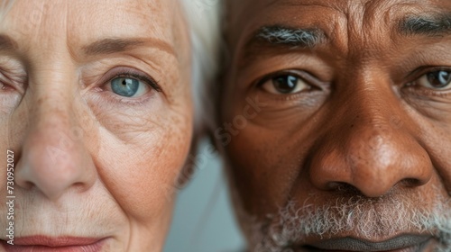 A close-up portrait of two elderly individuals likely a man and a woman with a focus on their faces have wrinkles and age spots indicative of their advanced age.