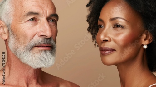A close-up of two individuals likely a man and a woman both looking at one side with a slight smile giving the impression of a friendly or intimate interaction.