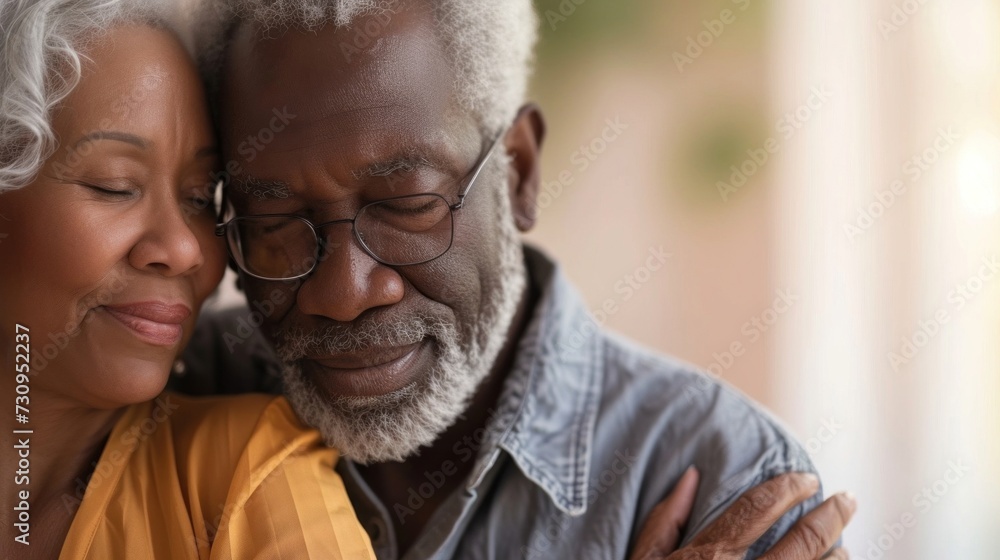 An elderly couple sharing a tender moment their heads resting on each other's shoulders radiating warmth and love. An elderly couple sharing a tender moment their heads resting on each other's shoulders radiating warmth and love.