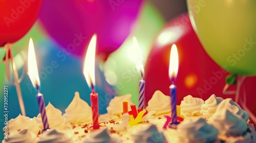 A birthday cake with candles and balloons in the background