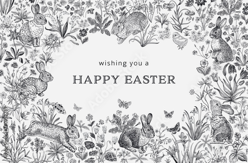 Lawn. Greeting Card. Vintage vector illustration. Happy easter. Black and white