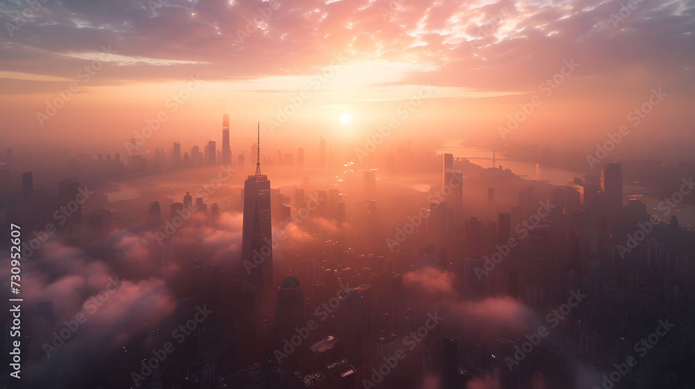 Wide-angle shot of dawn over the metropolis