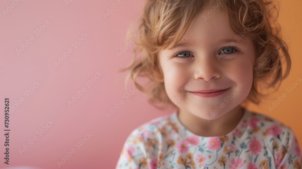 A child with curly hair wearing a floral print top smiling brightly against a soft-focus pink background. A child with curly hair wearing a floral print top smiling brightly against a soft-focus pink background.