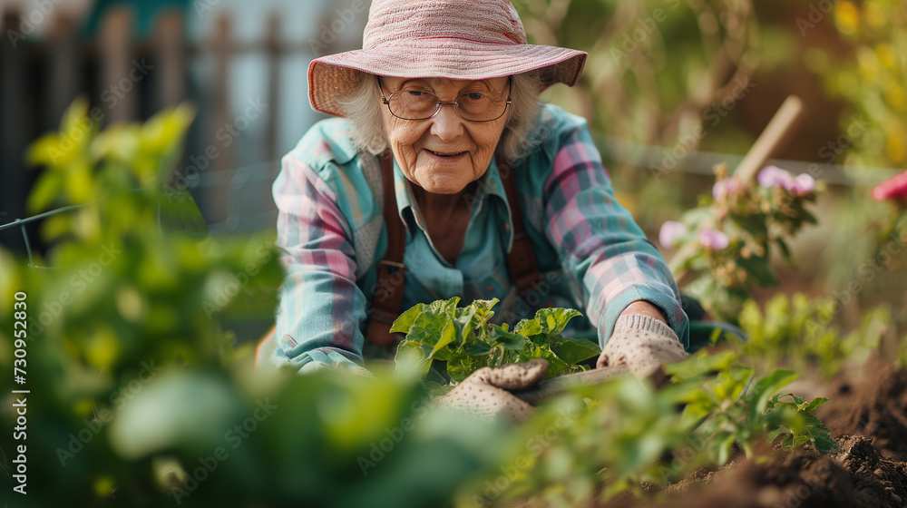 Old lady in garden watering flowers.