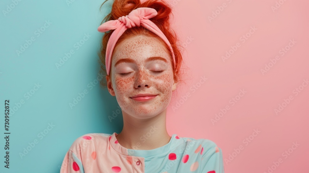 With effortless grace, a redhead poses for a beauty studio portrait, her minimal makeup highlighting her innate beauty. - obrazy, fototapety, plakaty 
