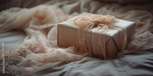 Gift Box on Bed. Close-up of a present box decorated with delicate lace fabric. A gift for the bride, packaging.