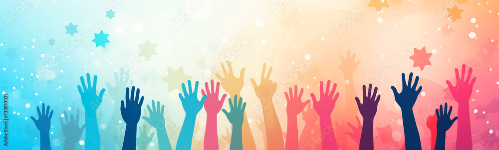 Abstract illustration of people raising hands up on colorful background with stars. Concept of unity, friendship, peace and happiness.
