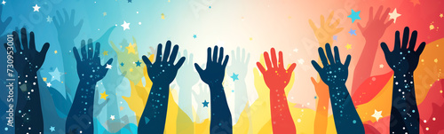 Abstract illustration of people raising hands up on colorful background with stars. Concept of unity, friendship, peace and happiness. photo