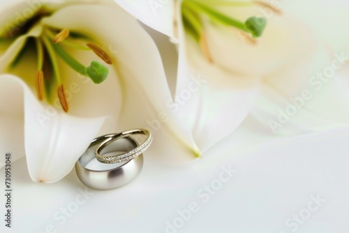 A couple of wedding rings sitting on top of a white flower
