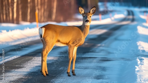 Winter morning deer on road near forest wildlife, transport, road hazards in scenic landscape.