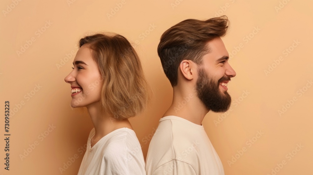A happy couple smiling at each other standing side by side against a warm peach-colored background with the woman on the left and the man on the right both dressed in white tops. A happy couple smiling at each other standing side by side against a warm peach-colored background with the woman on the left and the man on the right both dressed in white tops.