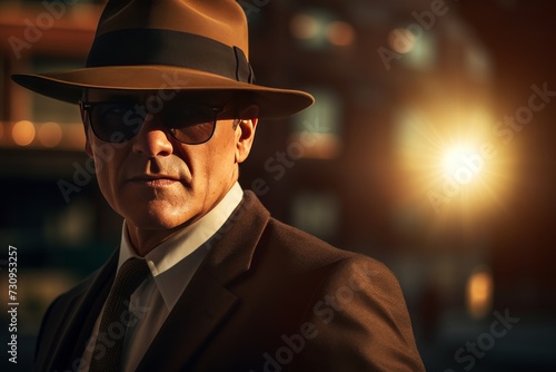 A professional detective in classic investigator attire meticulously observes and surveys the scene for evidence. Generative AI.