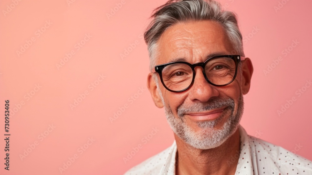A man with a gray beard and mustache wearing glasses and a white polka-dotted shirt smiling against a pink background. A man with a gray beard and mustache wearing glasses and a white polka-dotted shirt smiling against a pink background.