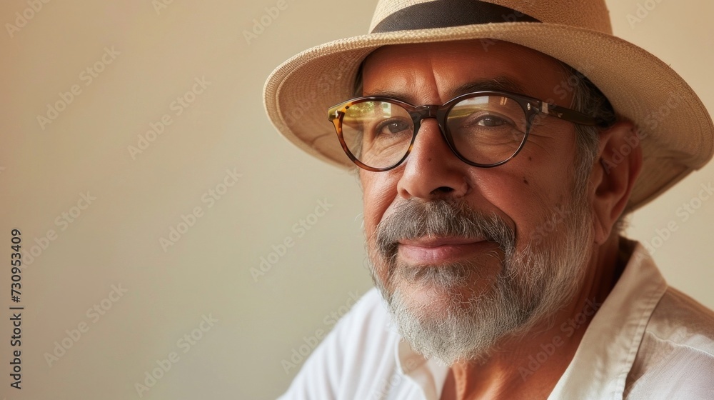 An elderly man with a distinguished appearance. He is wearing a wide-brimmed hat which is a light color possibly beige or cream and has a black band around it. An elderly man with a distinguished appearance. He is wearing a wide-brimmed hat which is a light color possibly beige or cream and has a black band around it.