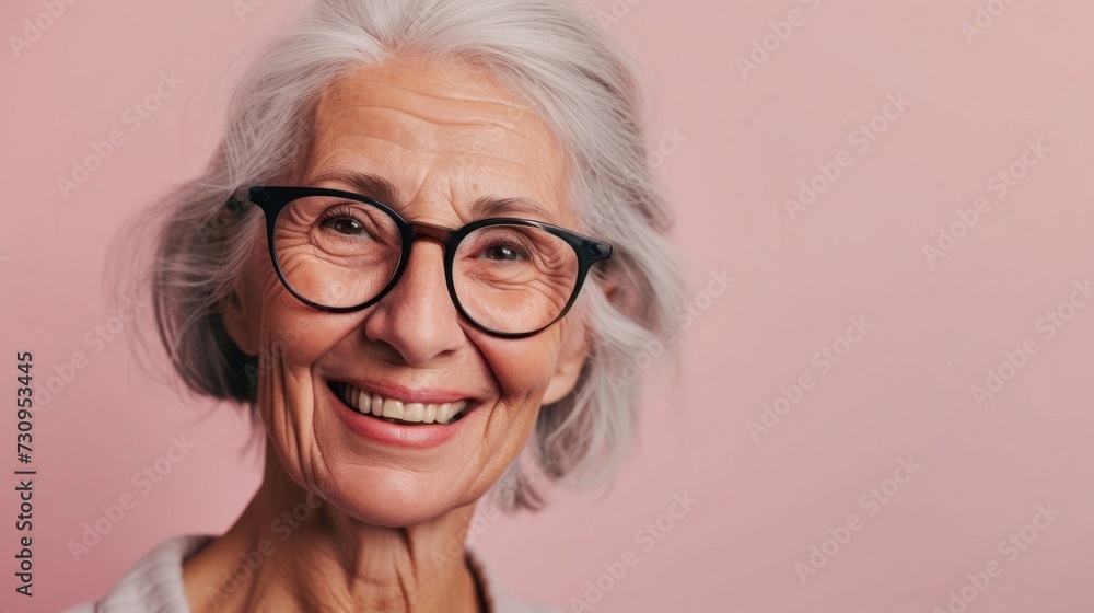 The image shows a smiling elderly woman with gray hair wearing glasses and set against a soft pink background. The image shows a smiling elderly woman with gray hair wearing glasses and set against a soft pink background.