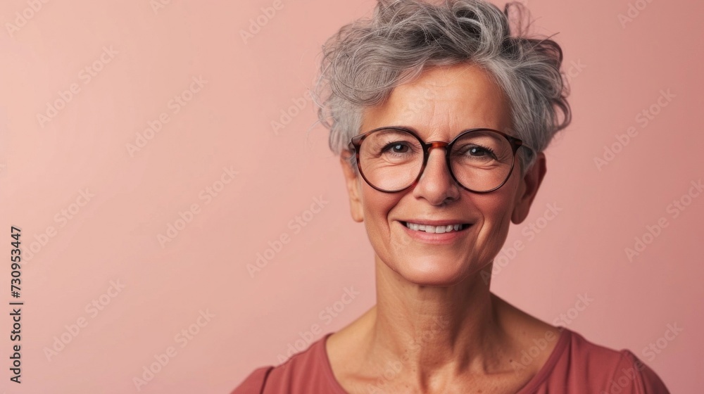 The image depicts a woman with short gray hair wearing glasses with a thick black frame. The image depicts a woman with short gray hair wearing glasses with a thick black frame.