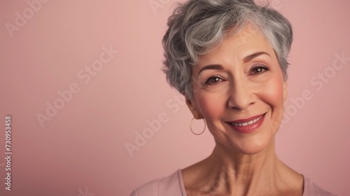 A close-up portrait of a smiling older woman with short gray hair wearing a light pink top set against a soft pink background.