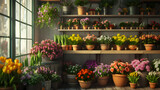 Bouquets and flowerpots in a flower shop