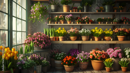 Bouquets and flowerpots in a flower shop photo