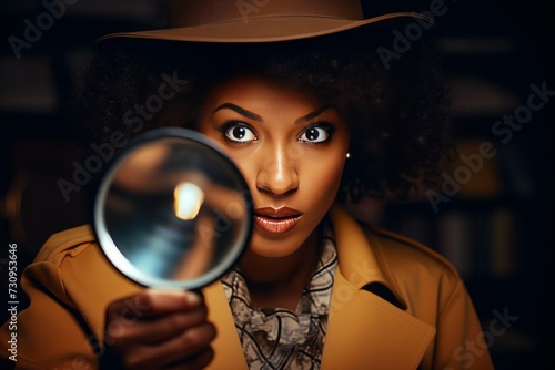 Woman Female detective, clad in classic investigator attire, meticulously observes and surveys the scene for evidence.Generative AI. © Surachetsh