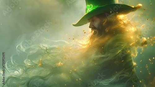 Saint Patrick's Day character leprechaun with green hat and four leave clovers sparkles Shamrock copy space 4k video photo
